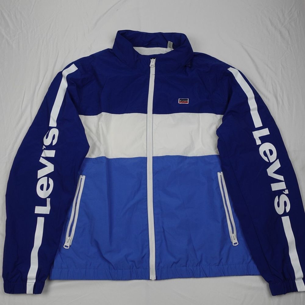 Levis Windbreaker Jacket Adult XL Full Zip Mock Neck Logo Sleeve Blue Color Men
